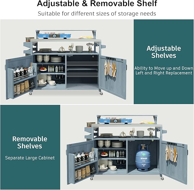 53.3" Outdoor Kitchen Island with Stainless Steel Top, Rolling Grill Cart with Adjustable Shelves, Raised Shelf, Lockable Wheels, Portable Outdoor Table and Bar Storage Cabinet for Patio