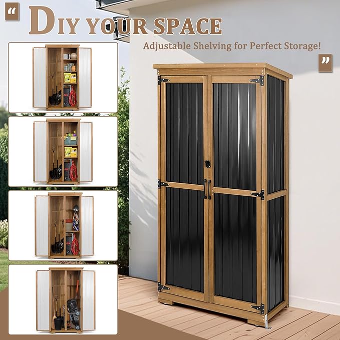 Outdoor Storage Cabinet, Wood & Metal Storage Shed with Weather-Resistant Roof, Removable Shelves, Lockable Doors, Outside Storage Tool Organizer for Garden, Patio, Backyard, Garage, Pool