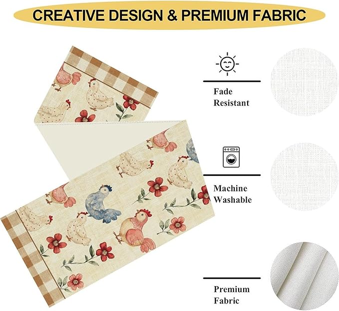 Farmhouse Rooster Table Runner, Rustic Farm Chicken Brown Plaid Flower Plant Watercolor Coffee Table Center Decor for Home Kitchen Dining Patio Party Indoor Outdoor Table Decorations, 13" X 72"