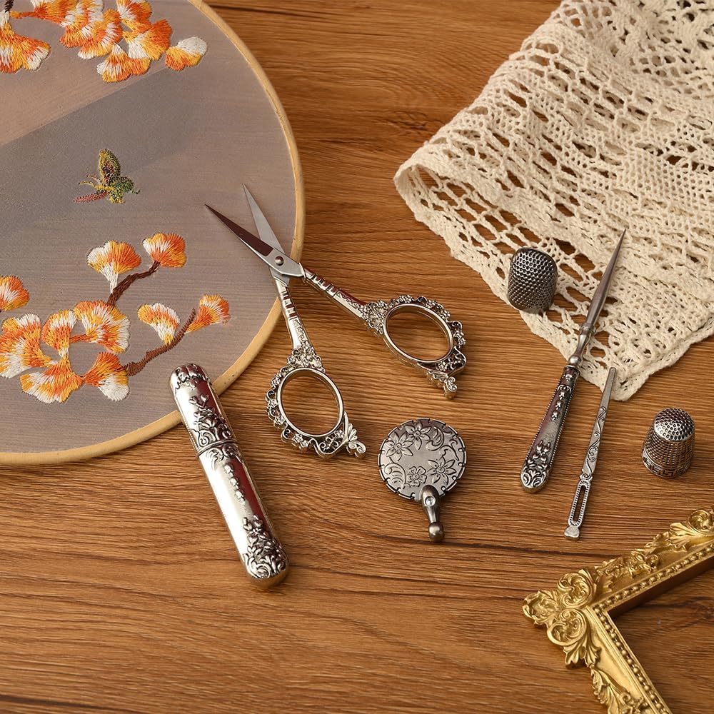 Vintage Embroidery Scissors Set, European Style Stainless Steel Sewing Tools for Sewing, Craft, Art Work, Needlework, Silver