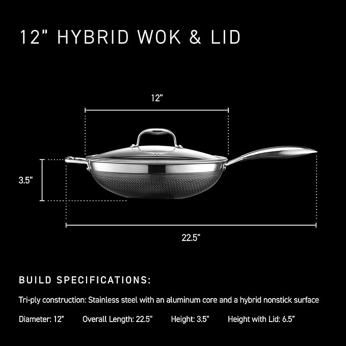 HexClad Hybrid Nonstick 12-Inch Wok with Stainless Steel Lid, Stay-Cool Handle, Dishwasher-Friendly, Oven-Safe Up to 900°F, Induction Ready, Compatible with All Cooktops