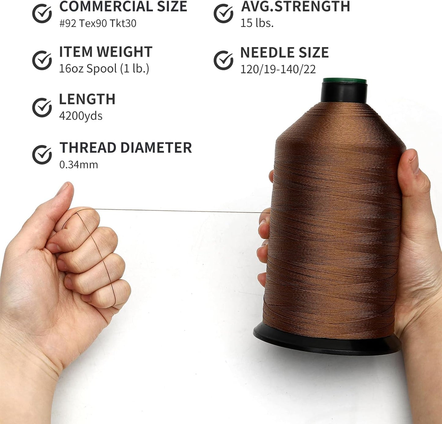Extra Strong Bonded Nylon Thread #92 Tex90 – 16 OZ, 4200yds, Versatile Stitching Solution for Leather, Upholstery, Canvas Repair and More (Tawny Brown)
