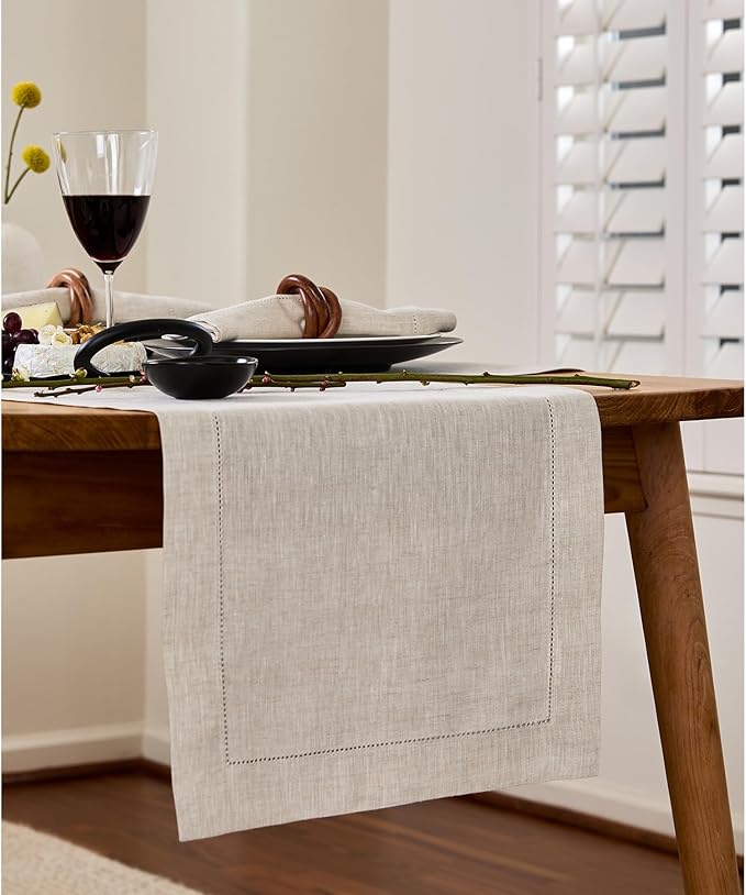 Solino Home Linen Light Natural Table Runner 48 Inches - Classic Hemstitch, 100% Pure Linen Coffee Table Runner 14 x 48 Inch Ideal for Dresser Tables - Spring, Easter