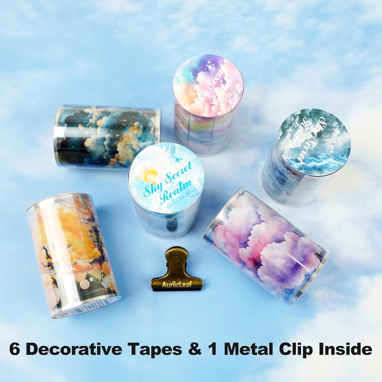 Sky Series PET Tape Sticker Set 6 Rolls Featuring Thunderstorm Starry Night Sunset and Foggy Cloud Designs for Scrapbooking Journaling Planner Decoration and DIY Craft