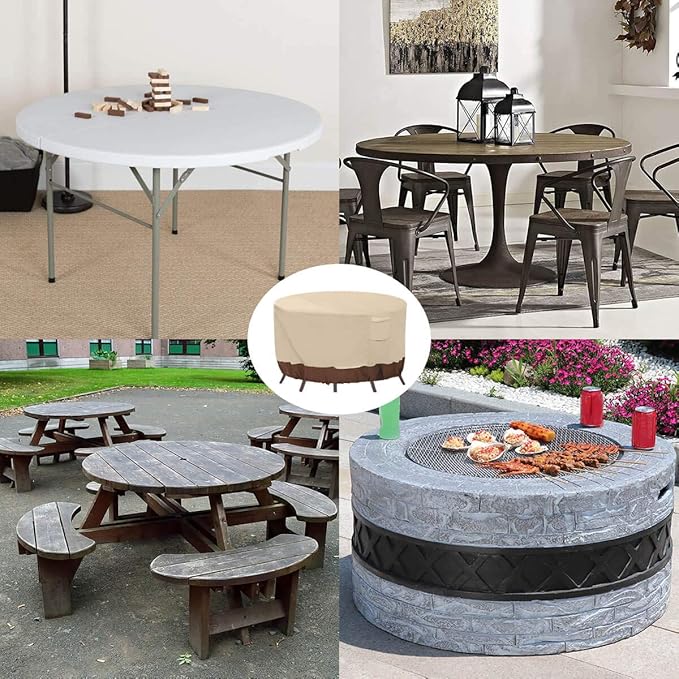 Vailge Round Patio Furniture Covers, 100% Waterproof Outdoor Table Chair Set Covers, Anti-Fading Cover for Outdoor Furniture Set, UV Resistant (Beige&brown, 110"DIAx28"H)