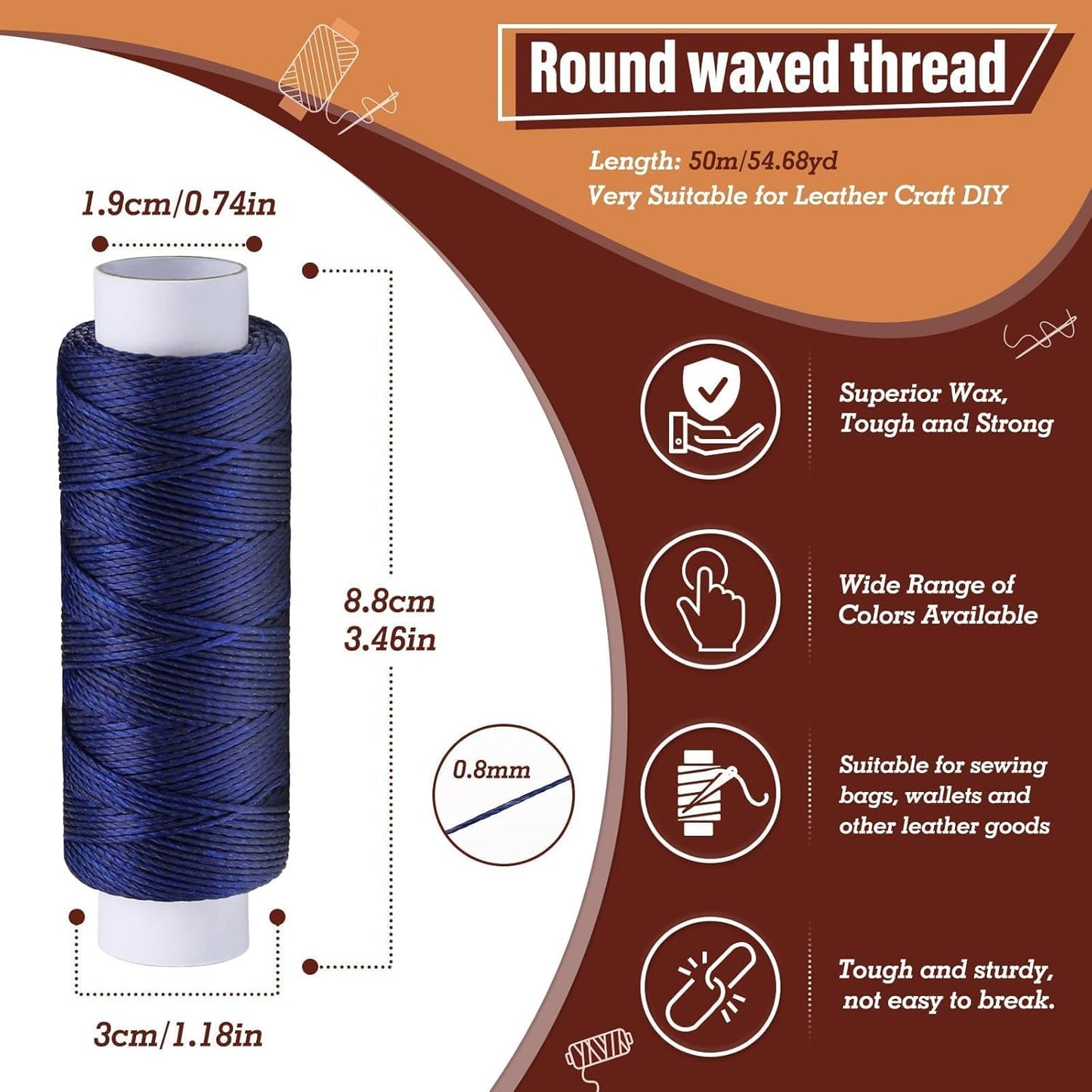 0.8 mm 54 Yards Round Waxed Thread for Leather Sewing, Leather Thread Wax String for Sewing, Stitching, Bookbinding, Bracelet, Braiding (Blue)