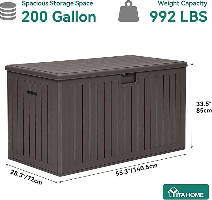 YITAHOME 200 Gallon Extra Large Deck Box, Double-Wall Resin Outdoor Storage Box with Flexible Divider for Patio Cushions Pool Supplies Garden Tools, 990 lbs Load Capacity, Lockable (Brown)