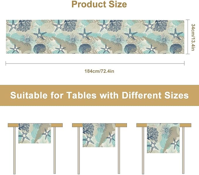 Marine Life Table Runner, Sea Underwater World Ocean Creature Table Runner for Dining Kitchen Party Holidays Home 13x70in