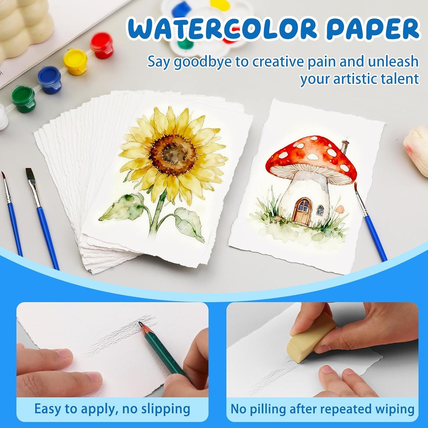 Lunarm Watercolor Paper 25 Sheets, Deckled Edge Paper 300 GSM 4 x 6 inch, Handmade Textured Cotton Paper for Wedding Invitation, Oil Pastel, Watercolor Painting and Cards, Crafts