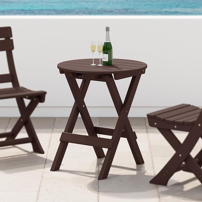 Costaelm Paradise HDPE Outdoor 24.5 Inch Round Portable Folding Patio Dining Table, Dark Brown