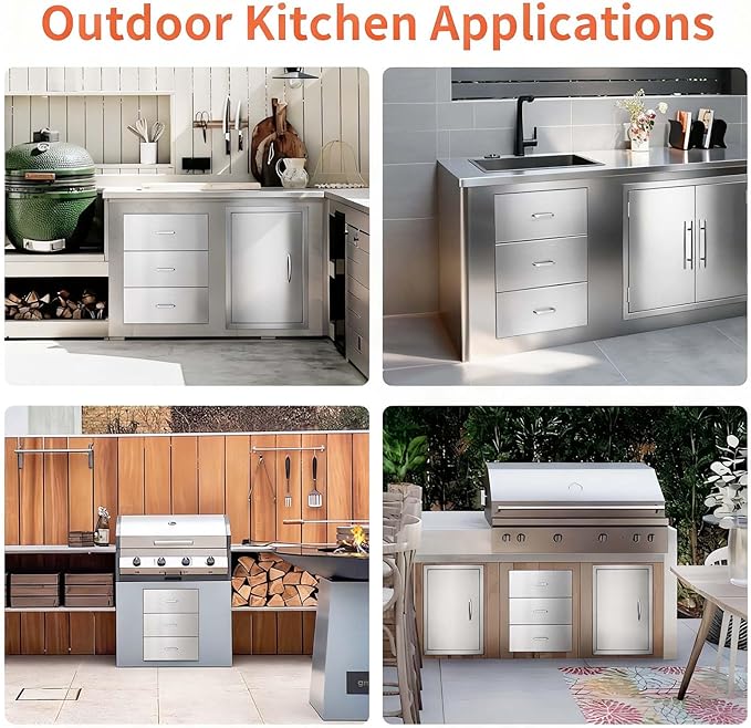 JIEJIN Outdoor Kitchen Drawers Stainless Steel Triple BBQ Island Drawer Flush Mount Outdoor Kitchen Cabinets with Handles with Wheels for Outdoor Kitchens or BBQ Island Patio Grill Station, Silver