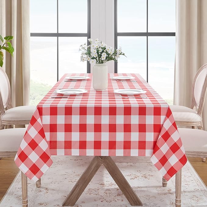 Softalker Gingham Checkered Tablecloth Rectangle - Outdoor Waterproof Buffalo Plaid Table Cloth, Stain Resistant Washable Table Cover for Picnic, Camping, Dining - Red and White, 54 x 78 Inch