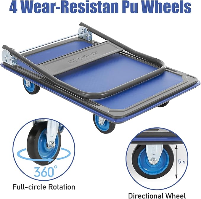 Olympia Tools Foldable Push Cart Dolly - 600 Lb. Capacity Heavy Duty Platform Truck with 360° Swivel Wheels - Blue