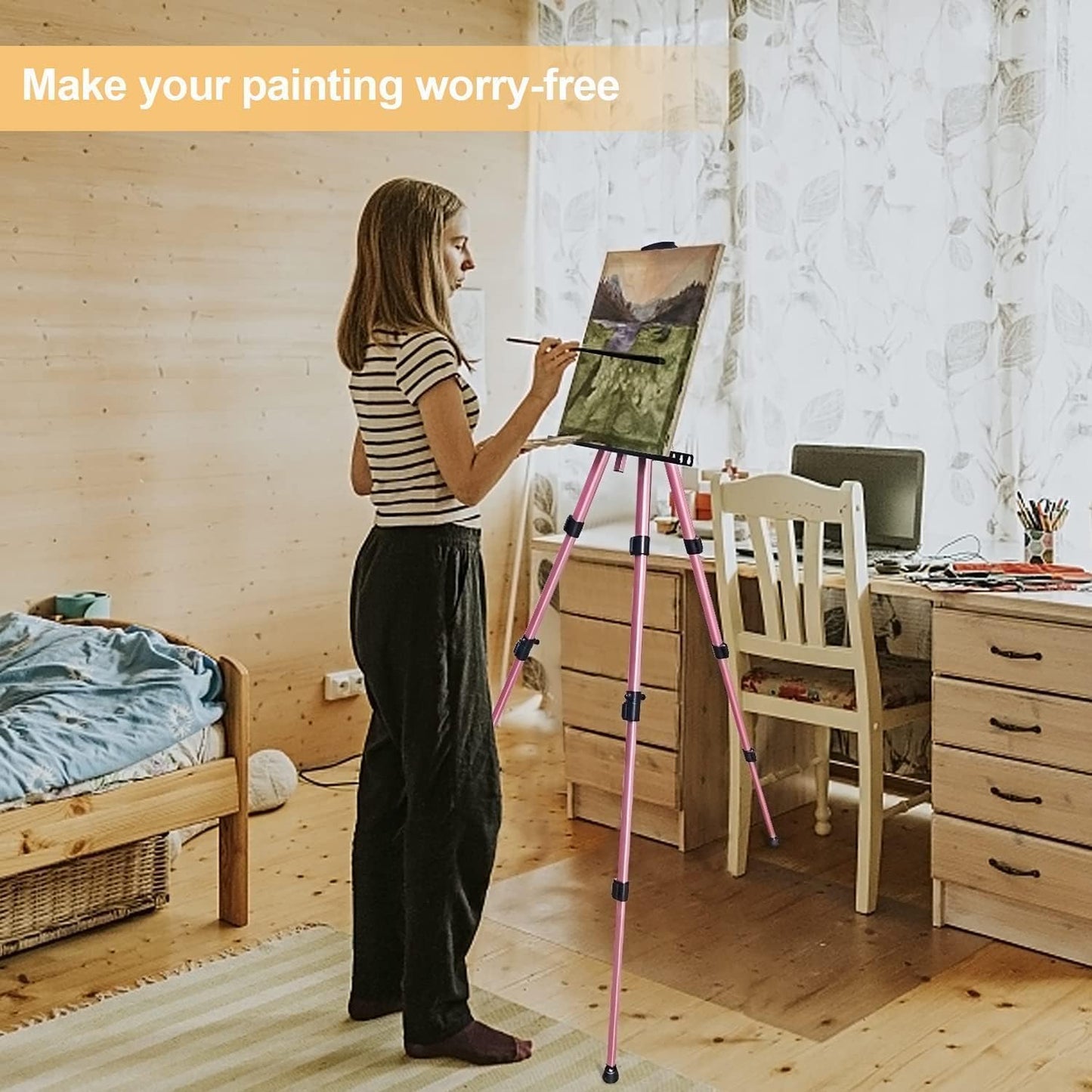 RRFTOK Artist Art Painting Easel Stand, Aluminum Metal Adjustable Easel for Painting Canvases Height from 17 to 66 Inch,Carry Bag for Table-Top/Floor Drawing,Painting and Displaying(2pack,Pink)