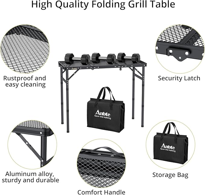 Anbte Folding Grill Table, 3ft Tri-Fold Aluminum Folding Table Adjustable Height Max 27.5" Grill Table with Mesh Desktop, Lightweight, Portable Handle for Outdoor Cooking BBQ Picnic (Black)