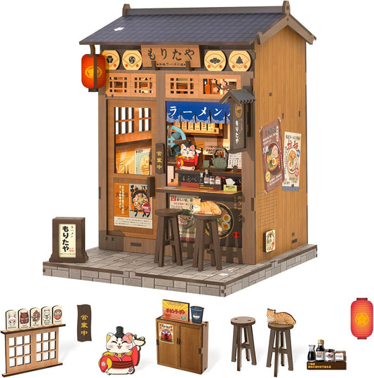 Fsolis Japanese Book Nook Kit - DIY Miniature Scene House Kit, 3D Puzzles for Adults, 220 Wooden Pieces, Tiny House Mini Booknook Craft Shelf Decor, Gifts for Women Model Lovers (Morita-Ya Ramen)