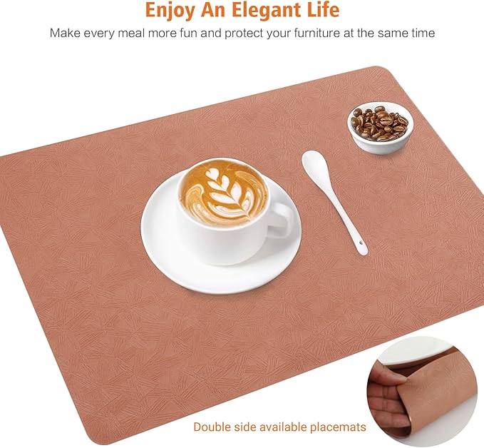 Vinyl Placemats Set of 12 Heat Resistant Easy Clean Non-Slip Place Mats for Dining Table. Faux Leather Waterproof Stain Resistant Wipeable Washable PU Table Mats(12, Coral)