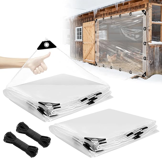 6x8ft Anti-Tear Clear Tarp Waterproof for Patio Winterizing - 2pcs Windproof Poly Tarpaulin, Heavy Duty Transparent Enclosure with Grommets for Covering Chicken Coops Greenhouse Garden Plants