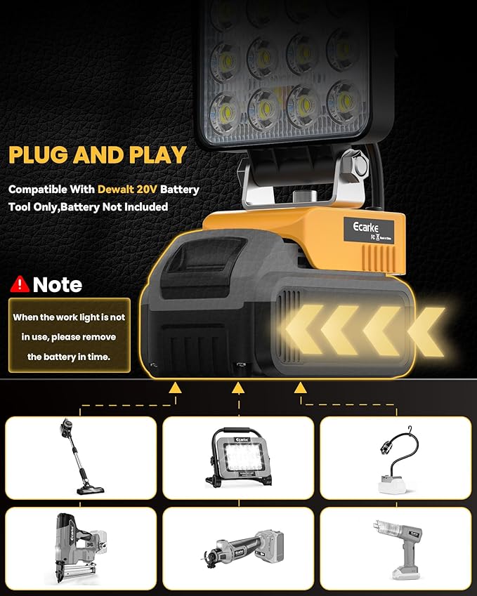 Ecarke 2 PCS Cordless LED Work Light Compatible with DeWALT 20V: 70W 7000LM Flashlight with USB & Type-C Charging Output Port, Portable Battery Flood Light for Job Site, Camping, Battery Not Included