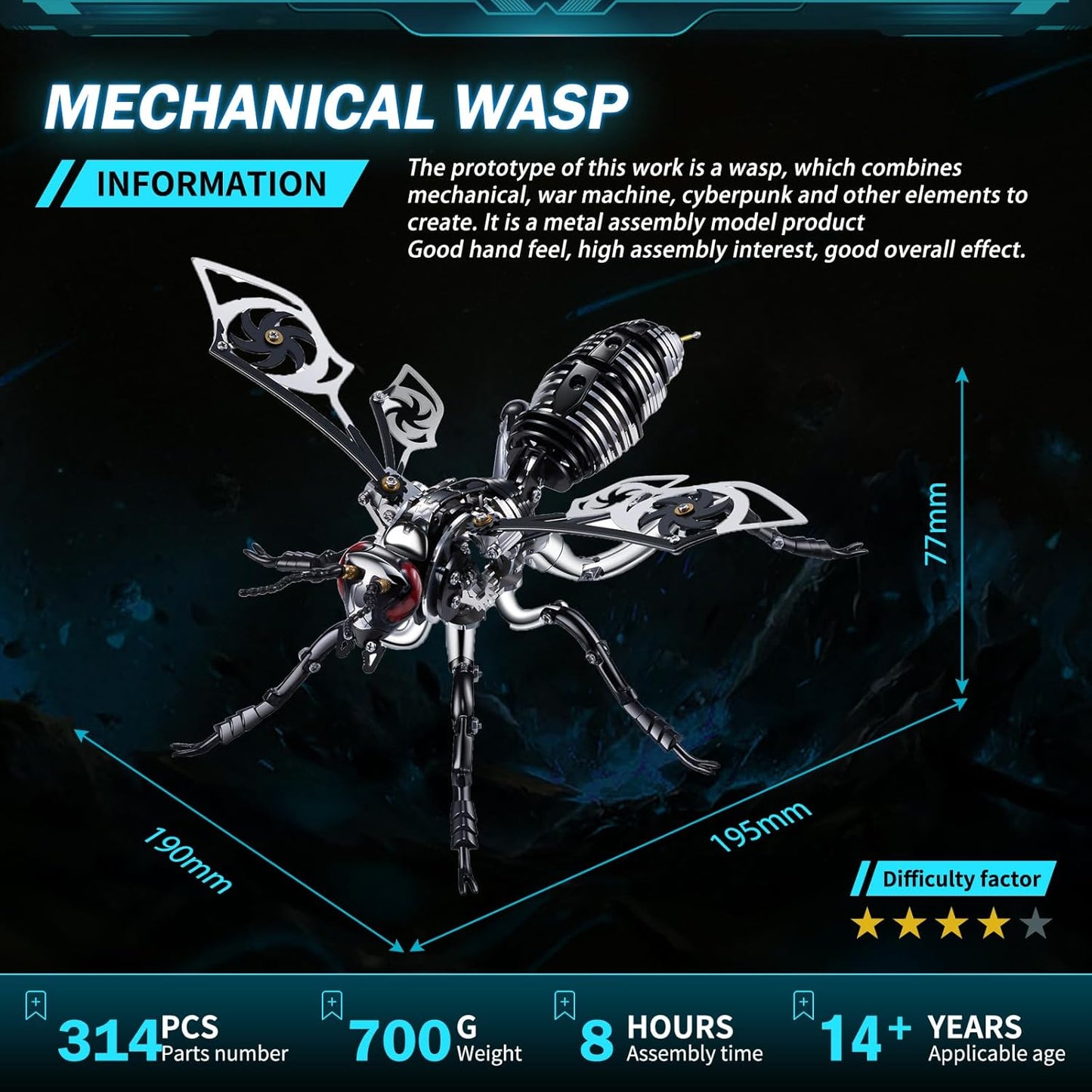 3D Puzzles for Adults, Metal Model Kit Wasp Mechanical Puzzle for Adults/Teens, DIY Creative Craft Gifts Kits Difficult Assembled 3D Puzzle for Family Time, Home Decor (Black)
