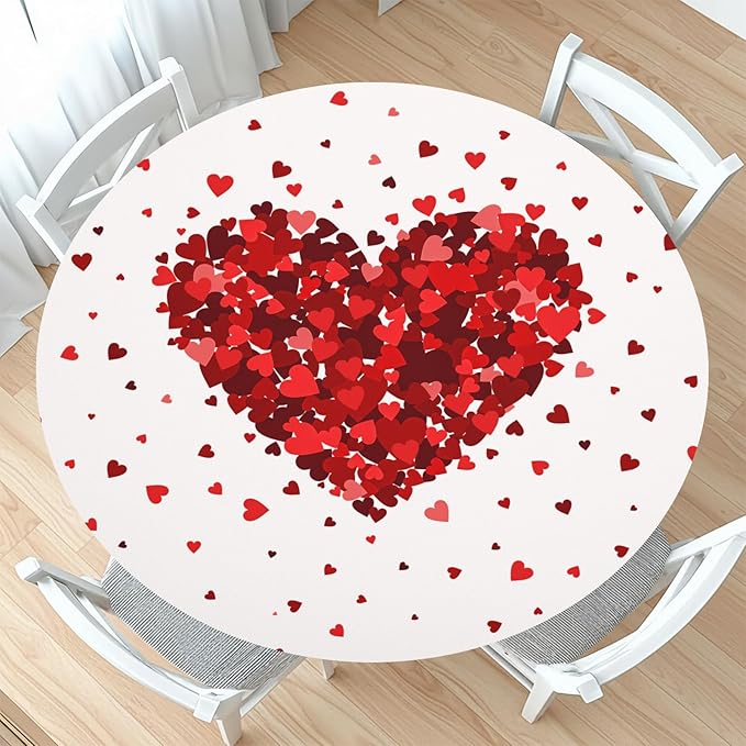 Valentines Day Round Fitted Tablecloth with Elastic Red Love Heart Circle Table Cloth for 44-48" Tables Wipeable Waterproof Washable Valentine Decorative Table Cover for Picnic Dining Party Decor
