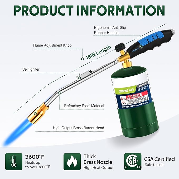 Grill Torch Charcoal Torch Lighter Campfire Starter Kitchen Torch Grill & Cooking Propane Torch Chef Blow Torch for Charcoal Starter BBQ Searing Weeding(Fuel Cylinder Not Included)