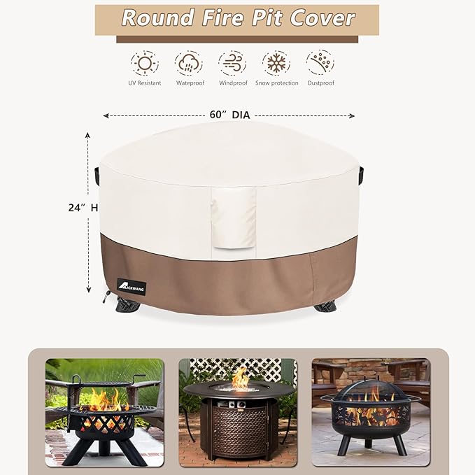 Fire Pit Cover Round 60 Inch Waterproof,Outdoor Heavy Duty Durable 600D Tear-Resistant Fire Pit Table Cover,Patio Round Firepit Cover 60" D x 24" H, Beige