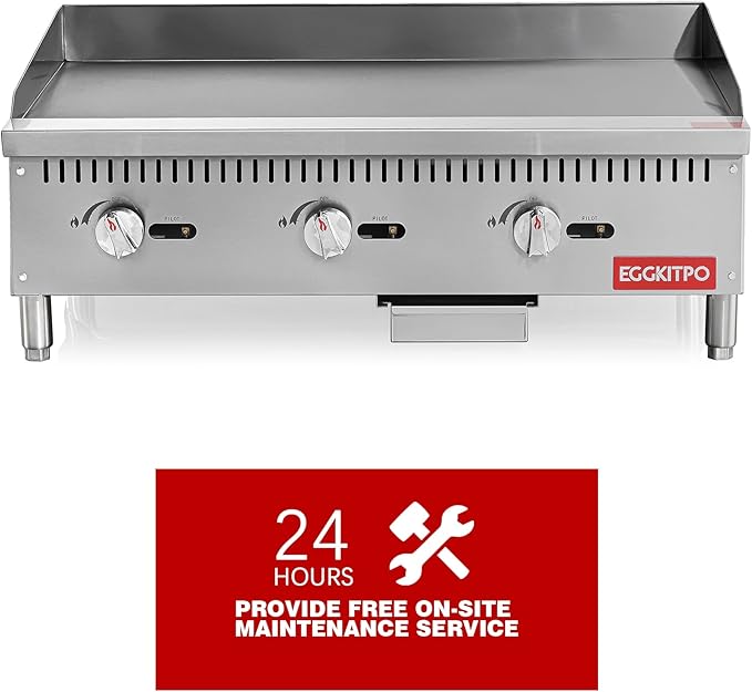 EGGKITPO 36 Inch CSA Certified Commercial Propane/Natural Gas Griddle Manual Controls 90,000 BTU Countertop Flat Top Grill Hot Plate with Independeent Knob 3 Burners Teppanyaki Grill for Restaurant