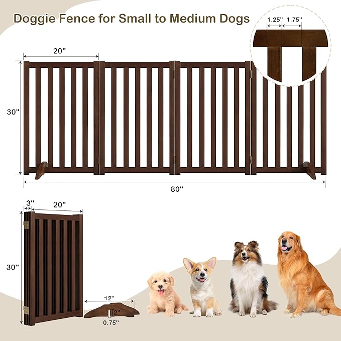 30" Height Tall Freestanding Pet Gate, Solid Wood Folding Safety Fence Wooden Dog Gate with 2 PCs Support Feet Ideal for Stairs, Doorways, Halls, Kitchens, Heavy Duty Gates, 4 Panels, Walnut