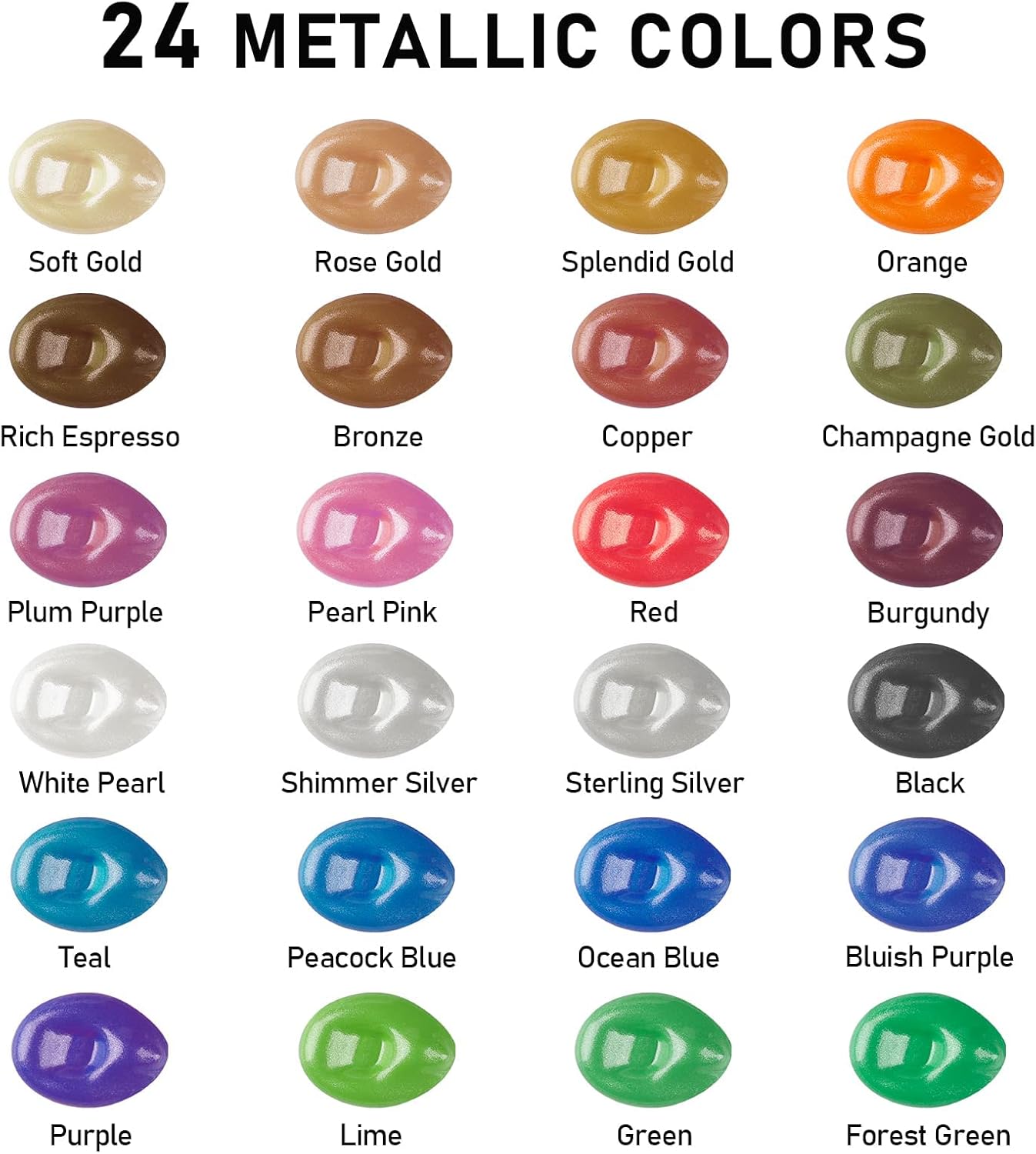 ABEIER Metallic Acrylic Paint, Set of 24 Metallic Colors in 2oz/60ml Bottle, Rich Pigments, Non Fading, Non Toxic Paints for Artist, Beginners & Kids Painting on Rocks Crafts Canvas Wood, Fabric&Stone