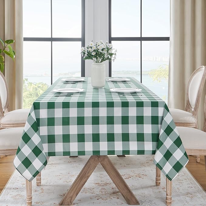 Softalker Spring Checkered Tablecloth Rectangle - Outdoor Waterproof Buffalo Plaid Table Cloth, Stain Resistant Gingham Table Cover for Picnic, Camping, Easter - Hunter Green and White, 60 x 102 Inch