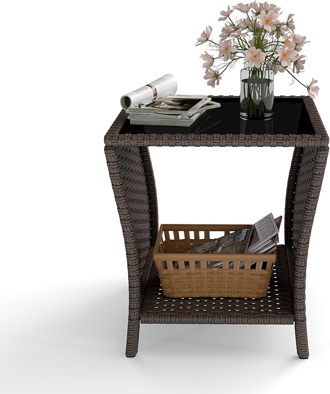 kinbor Outdoor Wicker Side Table - Tempered Glass Top Small Outdoor Table with Storage Shelf for Patio, Balcony & Porch, Durable PE Rattan & Iron Frame