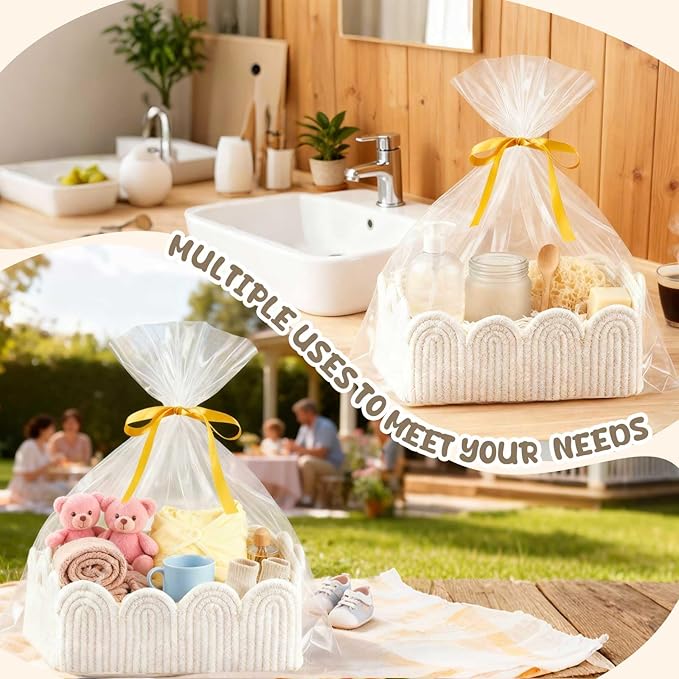 2 Pcs Small White Scalloped Wicker Hand-Woven Rattan Baskets with Built-in Handles and Clear Gift Bags 12"X 8" X 5" for Baby Diaper Caddy Basket Baby Shower Gifts Easter Egg Storage