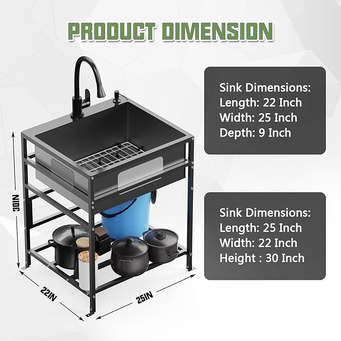 Black 25x22 Inch Freestanding Utility Sink-Stainless Steel Laundry Sink Practicality With Accessories Black Stainless Faucet,Soap Dispenser, SS Sink Grid For Laundry,Garage,Outdoor Kitchen,Garden...
