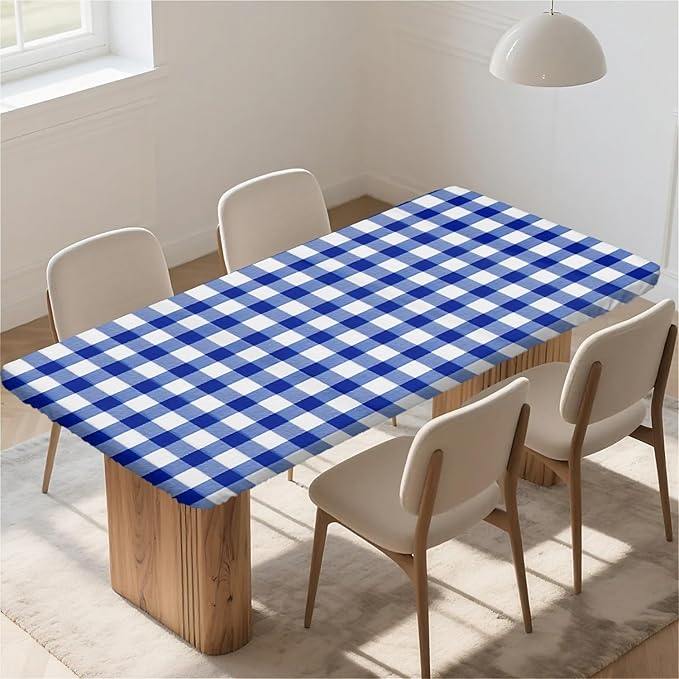Rectangle Table Cloth Cover Waterproof Elastic Fitted Polyester Fitted Tablecloths for 4 Foot Tables for Indoor,Picnic, Camping, Outdoor （48" x 30"，Blue Grid）