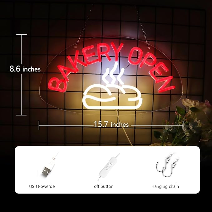 JFLLamp BAKERY OPEN Neon Signs for Wall Decor Neon Lights for Bedroom Led Business Signs Suitable for Bakery Cake Shop Restaurants Canteen Christmas 5V Power Adapter, 15.7 * 8.6 Inch(Red + White)