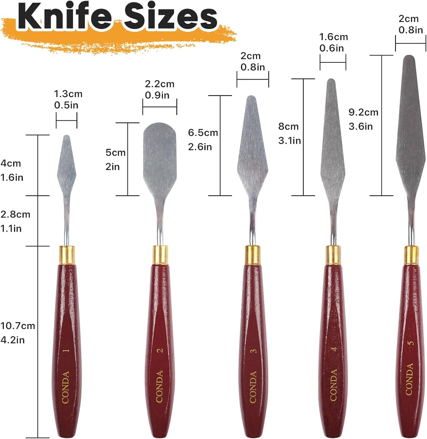 CONDA 5 Pcs Palette Knife Painting with 3 Plastic Scrapers, Stainless Steel Spatula Palette Knife Oil Paint Metal Knives Wood Handle