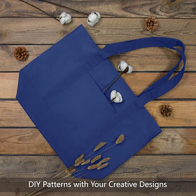 TOPDesign 3-Pack Canvas Tote Bags with an External Pocket, Reusable Grocery Shopping Bags, Top Zipper Closure, Daily Essentials (Blue)