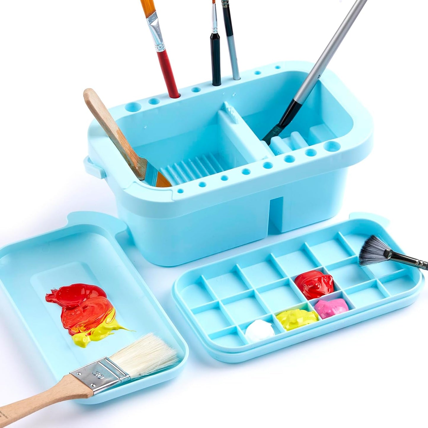 SEVENY Paint Brush Cleaner, Holder and Organizers with Palette,Trays & Rinser for Acrylic, Watercolor, and Water-Based Paints(Blue)