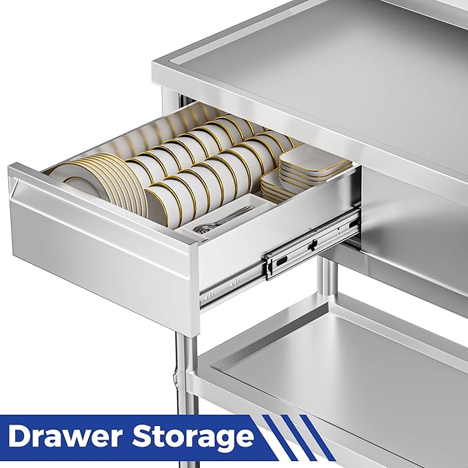 39" 304 Stainless Steel Utility Sink with Faucet – Free Standing Single Bowl Kitchen Sink with Workbench & Drawer Storage, Hot/Cold Water Pipes for Laundry, Farmhouse & Outdoor Use