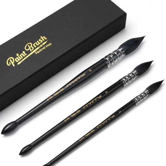 3PCS Squirrel Hair Watercolor Brushes, Fuumuui Professional Mop Round Quill Detail Fine Tip Watercolor Paint Brush Set for Water Color Gouache Ink Painting - Sizes #2, 6, 12