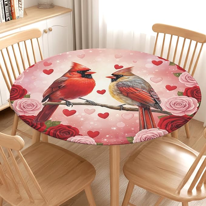 Valentines Day Round Fitted Tablecloth with Elastic Cardinal Bird Heart Circle Table Cloth for 36-40" Tables Wipeable Waterproof Washable Valentine Red Birds Table Cover for Picnic Dining Party Decor