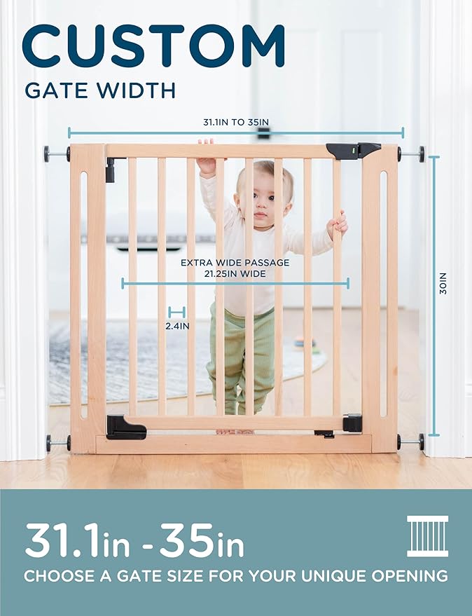 SizeWise™ Wood Pressure Mounted Safety Gate 31.1"-35" | Extra-Wide Passage | Auto-Close Two-Way Opening for Doorways and Hallways | Easy Installation | PEFC Certified Beech Wood (28.7" Passage)
