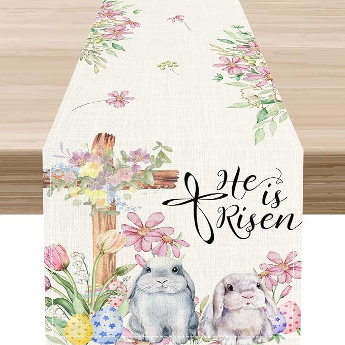 Easter Bunny Rabbits Table Runner,Boho Floral Cross Rabbits Easter Eggs Spring Table Center Decor for Family Kitchen and Living Room Outdoor Farmhouse Party Table Decorations, 13"x72"