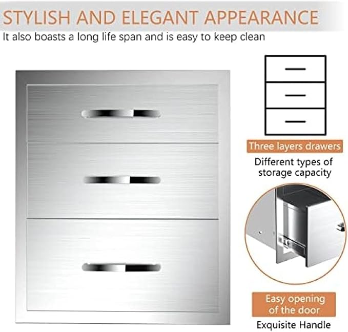 Stainless Steel Outdoor Kitchen Drawers - 3-Drawer BBQ Drawer, Built-in, Flush Mount - 20Wx23Dx27H