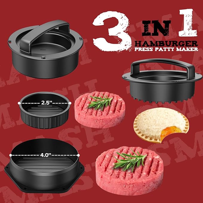 Smash Burger Press kit, Heavy-Duty Cast Iron Round Grill Bacon Press with Wood Handle, 3 in 1 Hamburger Press Patty Maker Tools, Cleaning Pad Set for Blackstone Griddle Flat Top Cooking