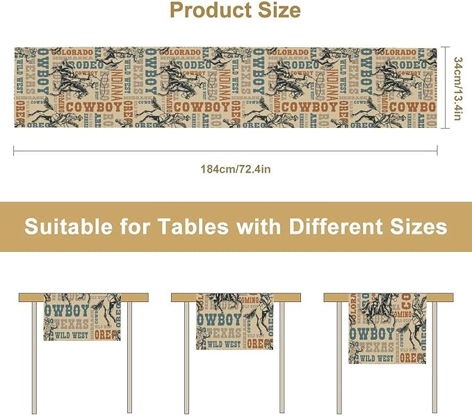 Western Cowboy Table Runner, Vintage Country American West Cowboy Riding Horse Table Runner for Home Kitchen Dining Party Farmhouse Cafe Outdoor 13x108in