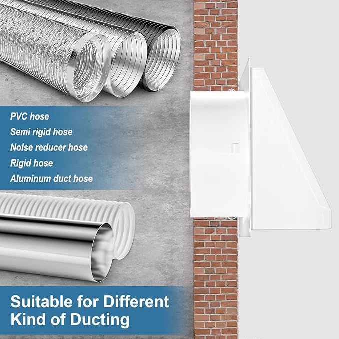 Hon&Guan Dryer Vent Cover Outside with Removable Mesh, Wall Mount Extractor Vent with Rubber Cushioned Non-Return Flap, High Quality Iron Outside Dryer Vent Cover for House (White, 6 Inch)