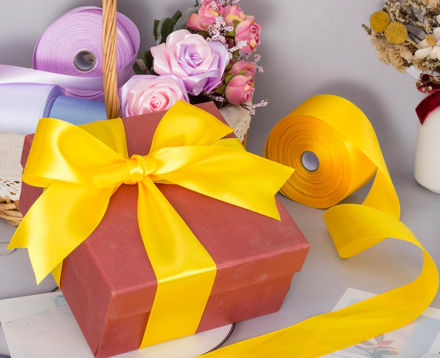 2 Inch Yellow Solid Satin Ribbon, 50 Yards Craft Fabric Ribbon for Gift Wrapping Floral Bouquets Wedding Party Decoration