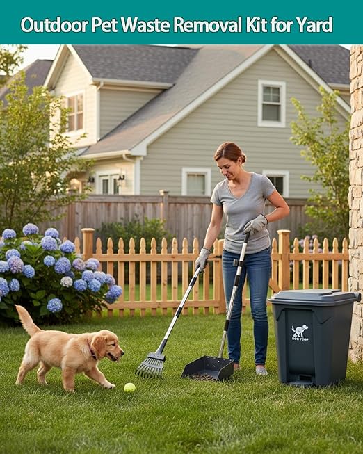 Large Dog Poop Trash Can Outdoor 20L / 5.3 Gallon with Metal Rake & Tray Set - Heavy Duty Stainless Steel Pooper Scooper & Waterproof Pet Waste Station for Large Dogs